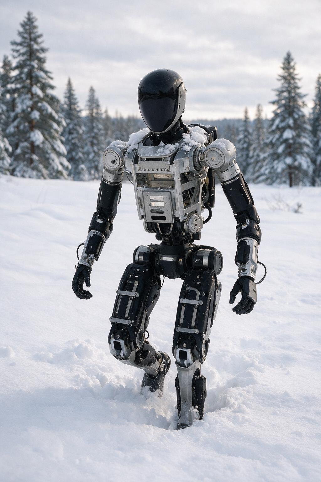 Heavy-duty humanoid robot in deep snow